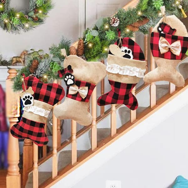 2st Pet Dog Julstrumpor, Burlap Pläd Ben fisk Form Lattice Bones + Burlap Bones