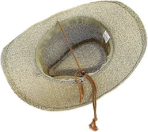 Udendørs Cowboy Stråhat Bred Skygge Solhat med Vindstrop Åndbar Afslappet Strandhat (Khaki)