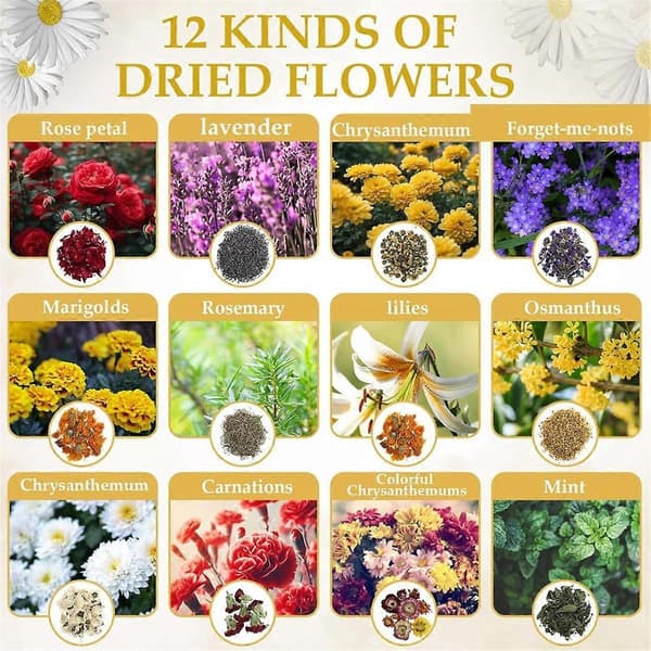 Badeform og tørret blomstersæt DIY-sæt Inkluderer 12 stk. badeforme 12 poser tørrede blomster