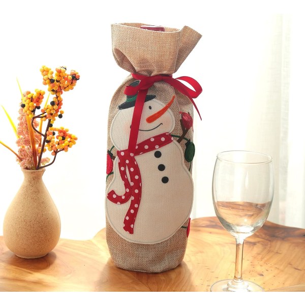 Wine Christmas Bag, Burlap vinflaska presentpåse med dragsko,