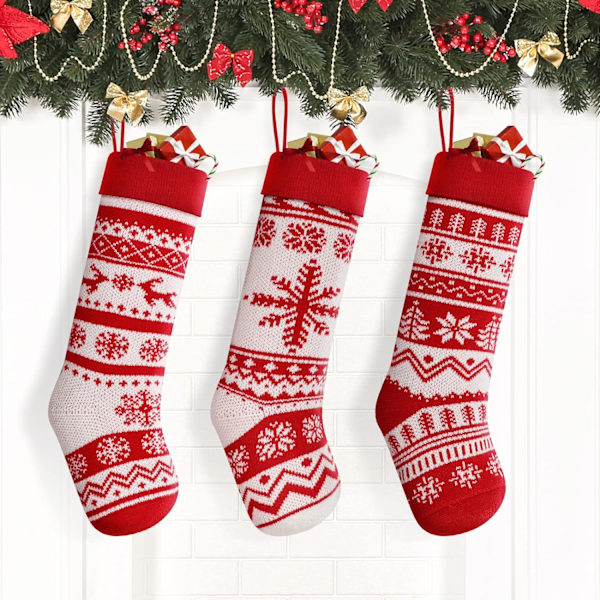 Store strikkede julestrømper Sæt med 3, Large Rustic Chr