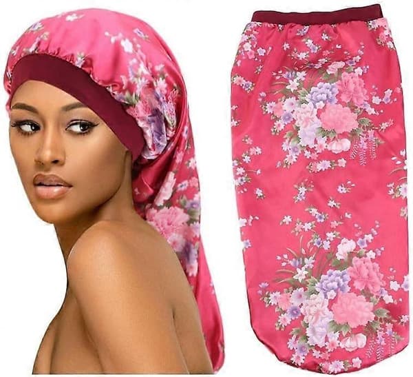 Lady Langt Hår Sleep Cap Lav Elastisk Lang Fletning Satin Hat Bonnet
