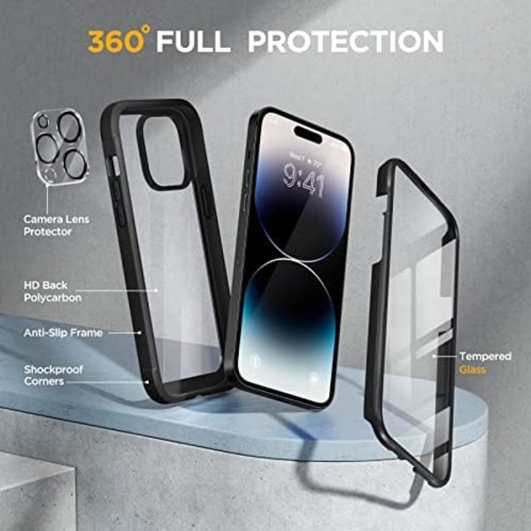 Miracase Glass Series Designad för iPhone 14 Pro Max Case 6,7 tum, [2023 Upgrade] Bumper Case med inbyggd 9H härdat glas Scr Black-A