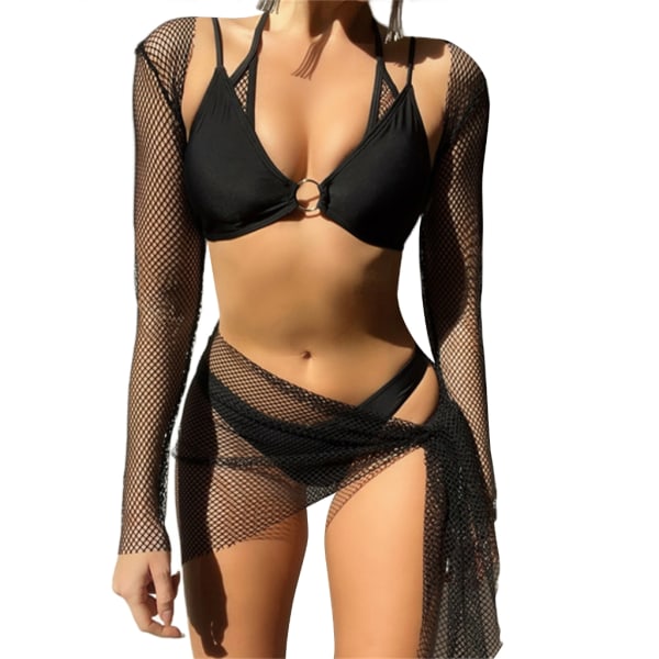 4 kpl/setti Naisten uimapuku Olkaimeton rintaliivit stringit Pliseerattu hame Ontto Uimapuvut Halter stringit Uima-asut Black S