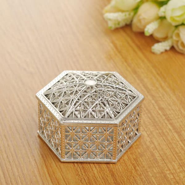Retro plast ihåliga smycken förvaringsbox box prydnadsföremål Organizer Bröllopsfavorit box-silver Hexagon
