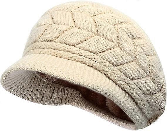 Dam Vinter Varm Stickad Mössa Ull Snö Skidmössor med Visir Beige