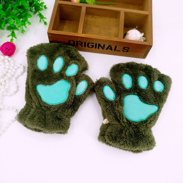 Nya Vinterhandskar Kvinnor Björn Plysch Katt Tafs Klo Handskar Söt kattunge Fingerless vantar Jul Halloween för flickor Presenthandskar Black Green