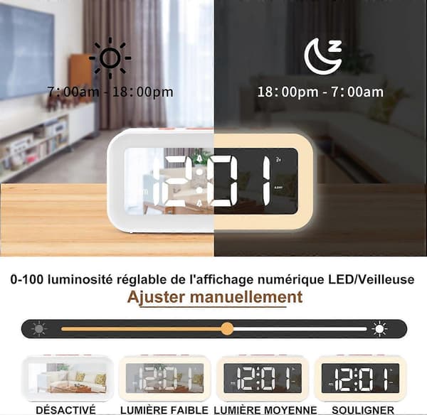 LED-digitaalikello säädettävällä yövalolla, torkkutoiminnolla ja 2 herätyksellä