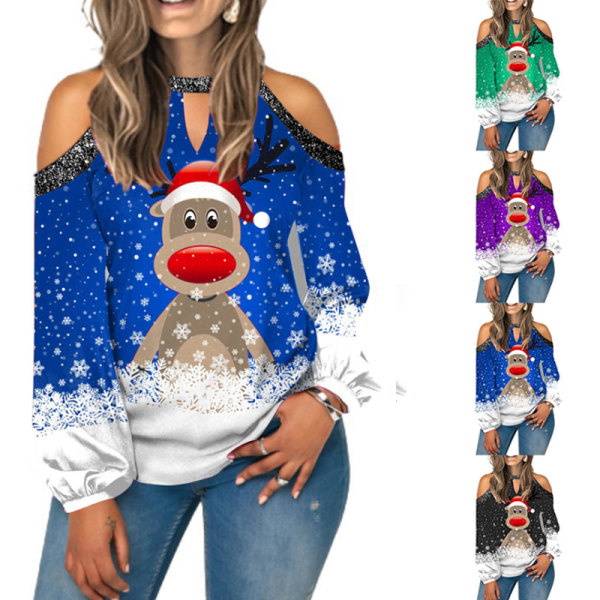 Ny langermet V-hals bluse med trykk for kvinner Blue 2XL