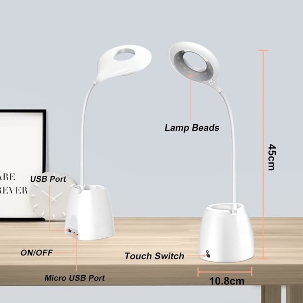 Kraftfull LED-bordslampa, bordslampor Dimbar 3 ljusstyrkanivåer Ögonskydd Touch Control bordslampa Trådlös USB -laddning för telefonladdning