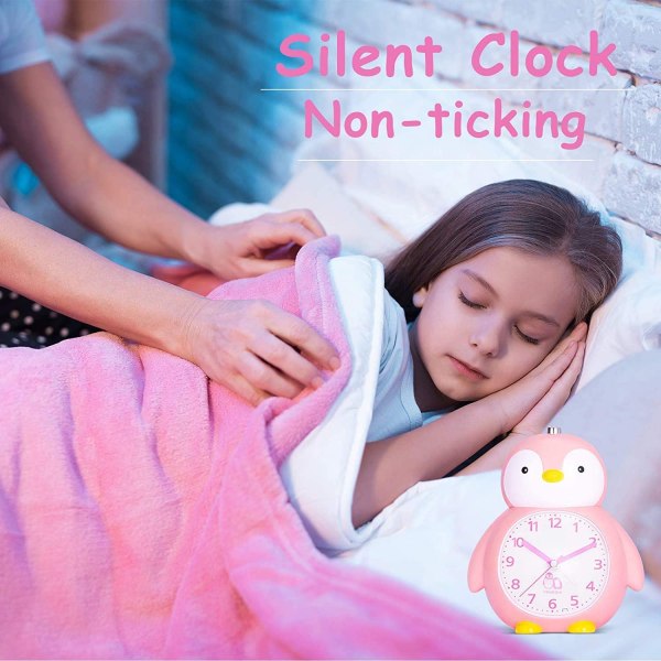 JUSTUP Kids Väckarklocka Söt Penguin Väckarklocka med Nattljus Snooze Väckarklocka --- Rosa