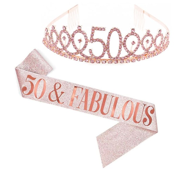 Kvinnor glittrande Rhinestone Brev Print Sash Tiara Set födelsedag Rose Gold 50 år gammal