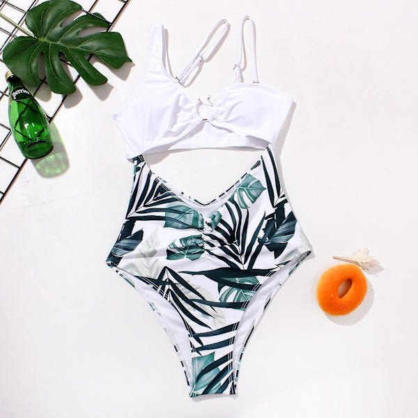 Dame Enkelt Skulderudskæring Rynket Ryg Højbenet Monokini Badedragt i Ét Stykke, Green Coconut, M (FMY)