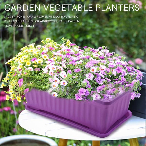3 stk. 17 tommer lilla blomstervindueskasser i plast til vindueskarm, terrasse, have