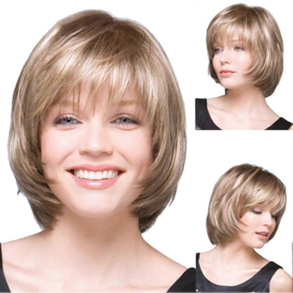 Kvinnors mode blond högtemperaturfiber kort rak hårperuk hårstycke QinHai
