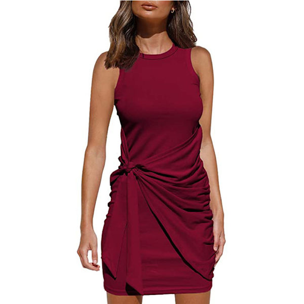 2023 Damer sommar Casual ärmlös strandtankklänning Bodycon Ruched miniklänningar Win red M