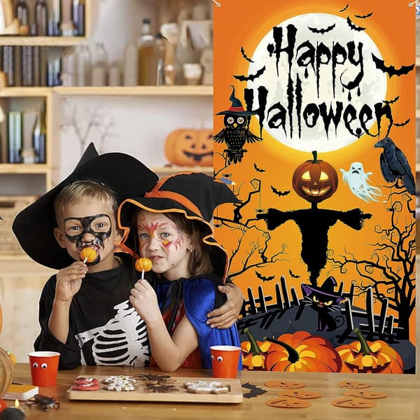 Halloween dør baggrundsbanner - græskar spøgelse hængende plakat