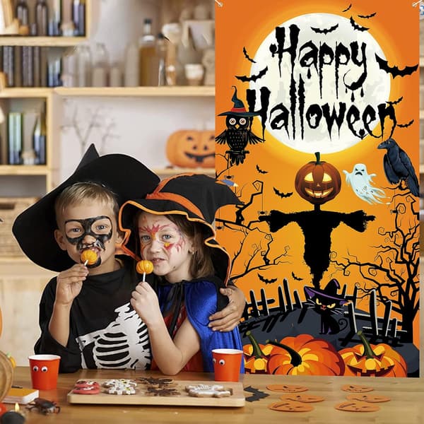 Halloween dörr bakgrundsbanner - pumpa spöke hängande affisch