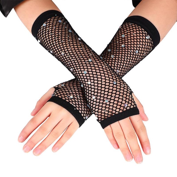 Strass lange fiskenet Fingerløse handsker Fiskenetshandsker Sparkly Glitter Mode Operahandsker til 80'er kostumefest, Halloween Cosplay