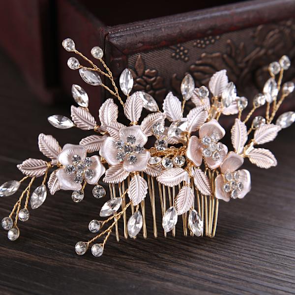 Rosa/Silver#F Bröllop Kristall Hår Vines Blomma Leaf Headpieces