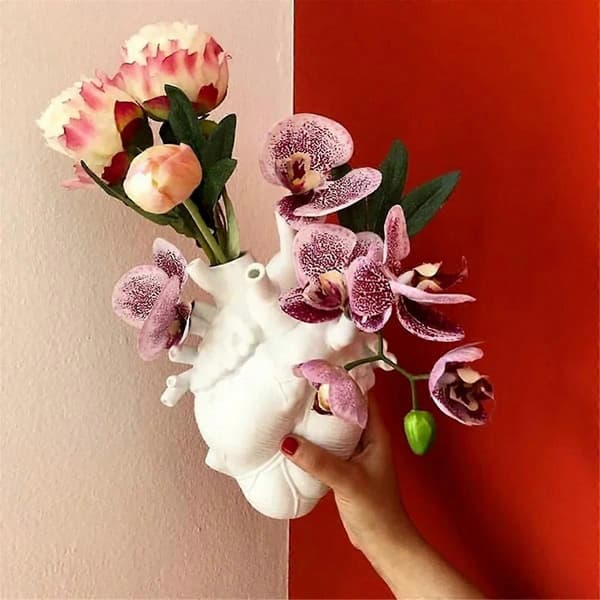 Anatomisk Hjärtvas Krukvas i Harts Hjärtformad Vas Bordsdekoration Bordsvas Blomvas Dekor, Vit