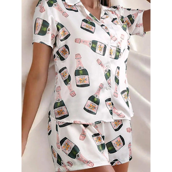 Champagne Flaskor Knapp Pyjamas Set Kvinnor Tryckta Korta Ärmar 2 Delar Mjuk Lös Casual Sovkläder TA qd L