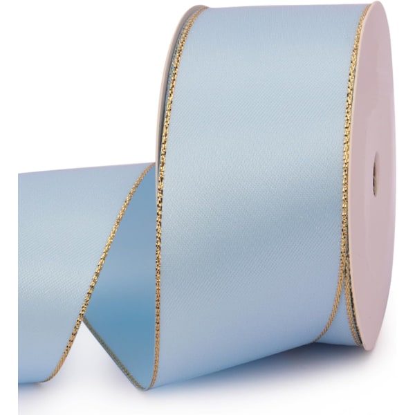 Blått dubbelsidigt satinband med guldkant, 1-1/2 tum polyester