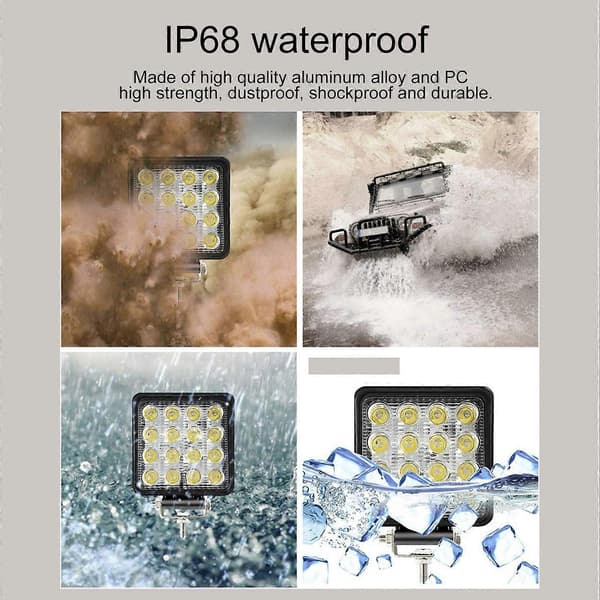 48W LED arbeidslampe 2000LM 6000k firkantede spotlights hvitt lys IP68 vanntett universal