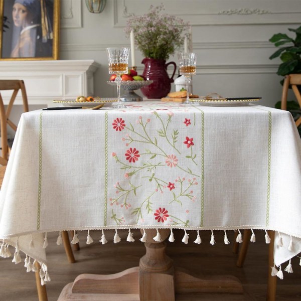 Bordsduk, blommönster broderi tofs bordsduk, fläckbeständig Enkel rengöring för köksinredning bordsduk Res