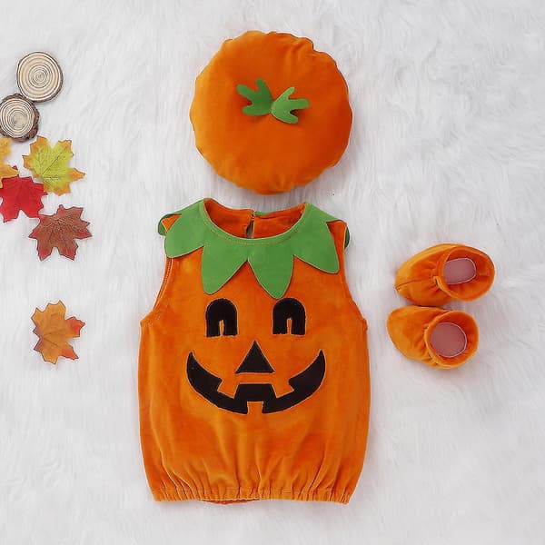 Xmas Ærmeløs Jumpsuit Sød rund hals Orange three-piece set 100cm