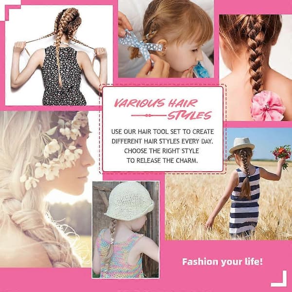 2 set Hår Loop Verktygsset med 4 st Franska Fläta Verktyg Loop 2 st Råttsvanskam Metall Pin Tail Flätkam för Hårstyling, Rosa