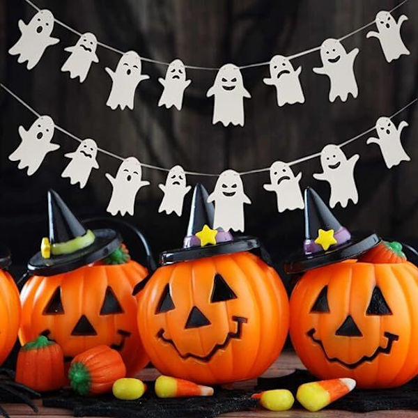 2 stk. Halloween bannere flag dekoration, skelet spøgelse hængende ornament white white