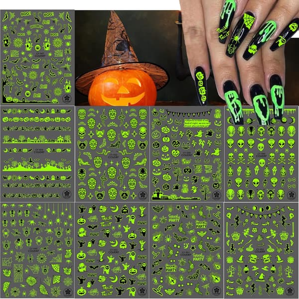 9 ark Halloween Nail Stickers 3D Luminous, TOROKOM Halloween Self