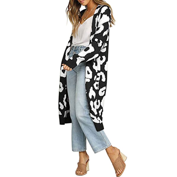 Dam Långärmad Öppen Front Leopard Stickad axi Cardigan Sweater Black M