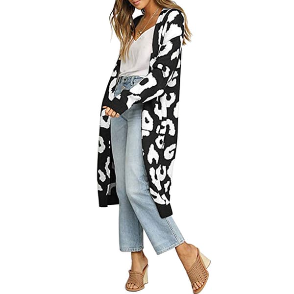 Dam Långärmad Öppen Front Leopard Stickad Maxi Cardigan Sweater Black XL