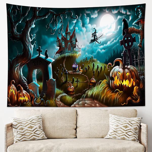Halloween Gobeläng Väggdekoration Häxa Natt Stadsrum