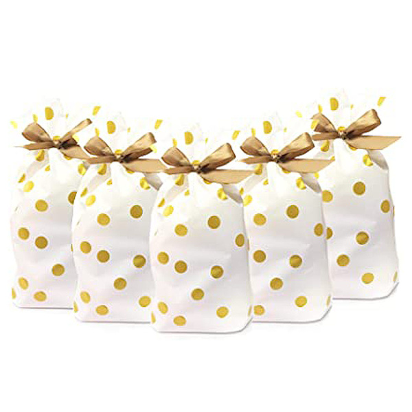 50 stk. Slikposer med snøre, gaveposer 9\" x 6\", Gold Dot Plasti