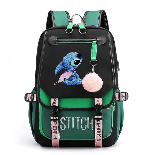 Stitch USB Oppladbar skolesekk Mannlig og kvinnelig studentryggsekk Ryggsekk_a GREEN