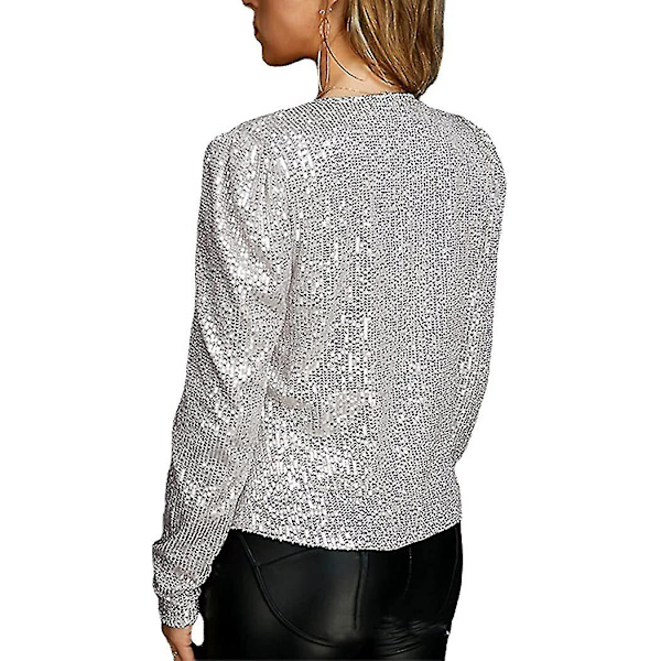 Kvinder Pailletjakke Åben Front Jakke Party Jul Puff Ærme Sparkly Frakker Silver S