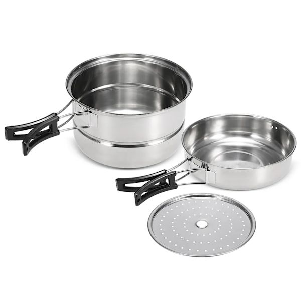 3 st Camping Köksredskap Set Rostfritt Stål Gryta Pan Steam Rack Utomhus Hem Kök Matlagning Set