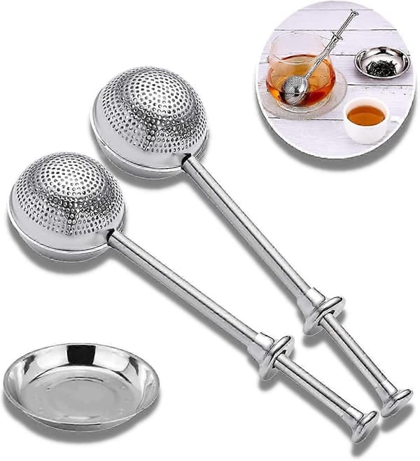 2 stk te-infuser med fat, tesil med langt håndtak i rustfritt stål