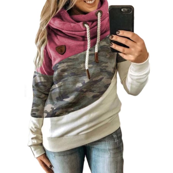 Huvtröja för kvinna med turtleneck sweatshirt hoodie sport camo tröja Camouflage+rose red M