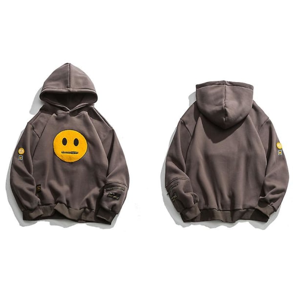 Smiley Patch Luvtröja Herr Hip Hop Athleisure Pullover Jacka Herrtopp med dragkedjefickor på sidan M Khaki