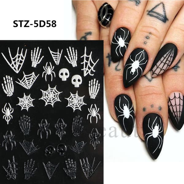 5 Nail Art Stickers Halloween Skull Spider Bones Pumpaprägling