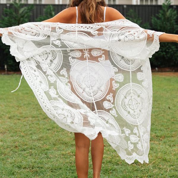Dame badedrakt lang strandkjole blomstermønster blondebikini