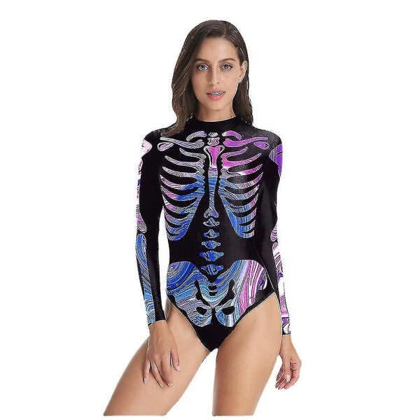 Skeletttryck baddräkt dragkedja långärmad triangel Halloween kostymer i ett stycke W Brilliant blue S M