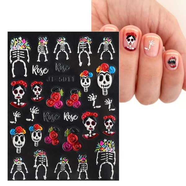 3D-präglade skrämmande Halloween Nail Art Stickers Dekaler 3 ark 5D