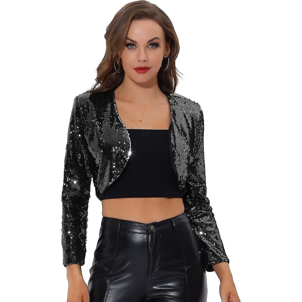 Allegra K Kvinder S Pailletjakke Langærmet Åben Front Cropped Cardigan Bolero Shrug Black Medium