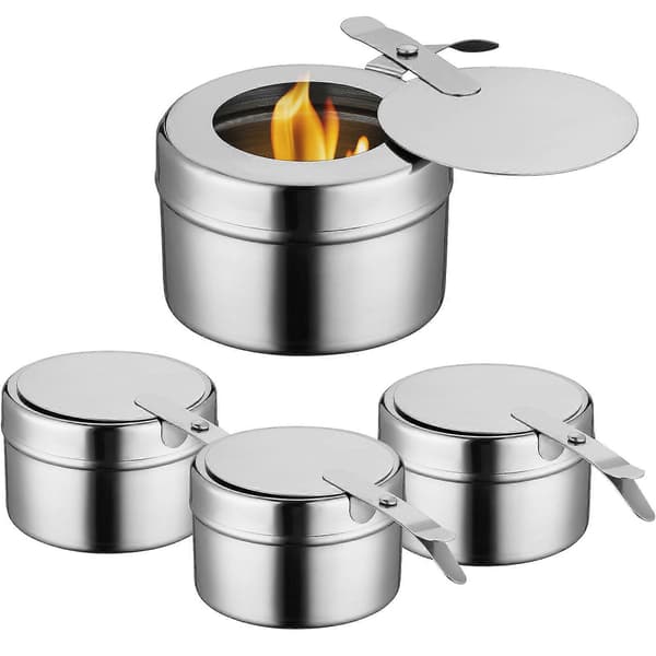 4 stk brenselholdere i rustfritt stål med lokk for chafing dish, hermetisk varme, buffetvarmere og brenselbokser til buffeter og grillfester
