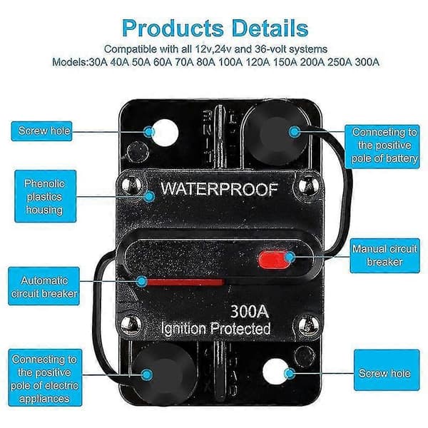 Vanntett Strømbryter, med Manuell Reset, 12v-48v Dc, 300a, for Bil Marine Trollingmotorer Båt Pro